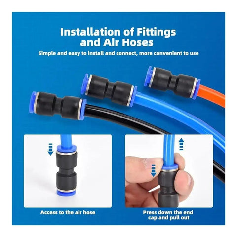 Get The Ultimate Quick Connect Pneumatic Fittings Kit With Push-in Connectors And Straight Fittings In 4mm, 6mm, 8mm, 10mm, And 12mm Sizes Perfect For Industrial Air Hose Projects That Need Reliable Seams Every Single Time. air hose fittings on blue tubing, plastic quick-connect install guide
