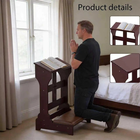 Solid Wood Prayer Kneeler Bench With Soft Kneeling Pad Cozy Home Church Stool With Built In Book Shelf Ergonomic Sturdy Kneeling Prayer Seat For Daily Devotion And Bible Reading in brown, shown with a person kneeling in a home setting.