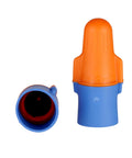 Dual Color Orange Blue Wire Connector Jug Of 500 For 22 12 AWG Cables Twist On With Flexible Steel Spring, two connectors shown