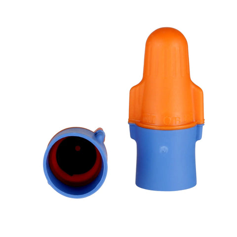 Dual Color Orange Blue Wire Connector Jug Of 500 For 22 12 AWG Cables Twist On With Flexible Steel Spring, two connectors shown