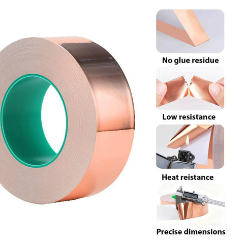 Pro Grade Copper Foil Tape With Double Sided Conductive Adhesive For EMI Shielding Guitar Shielding And Stained Glass Projects, features no glue residue, low resistance, heat resistance, and precise dimensions.