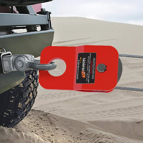 4.8T Heavy Duty Recovery Snatch Block For Winches, 10,500 Lb Capacity, red towing pulley system in use with steel cable