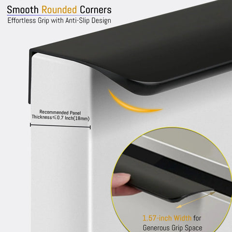 Close-up of 4 Pack Matte Black Adhesive Edge Finger Pull 3 Inch Concealed Kitchen Cabinet Handle showing rounded corners and grip space.