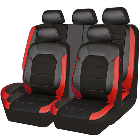 Leather Car Seat Covers Sport Edition Full 8 Piece Set Fits Most Cars, SUVs, Trucks And Vans Black Red Easy Install