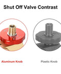 Image comparing aluminum and plastic shut off valve knobs for Air Tank Manifold Kit With Fill Port And Safety Valve, Aluminum Construction.