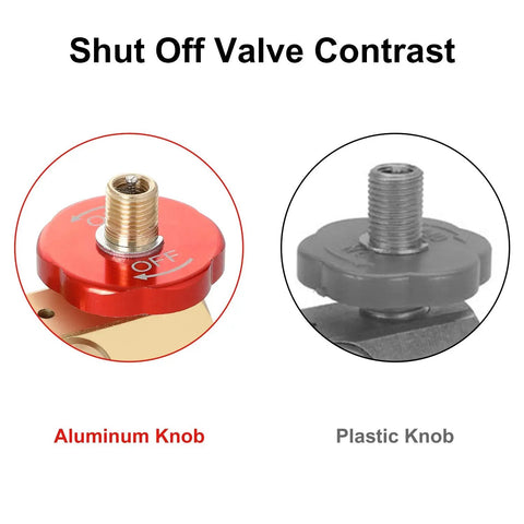 Image comparing aluminum and plastic shut off valve knobs for Air Tank Manifold Kit With Fill Port And Safety Valve, Aluminum Construction.