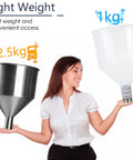 Woman holding transparent and steel hoppers showing weight difference for No Fuss Easy Fill Manual Paste And Liquid Filling Machine 5 To 50 Ml Adjustable Bottle Filler With Transparent Hopper Lightweight For Liquid Paste Cosmetic Cream Gel And Syrup A03 Pro.