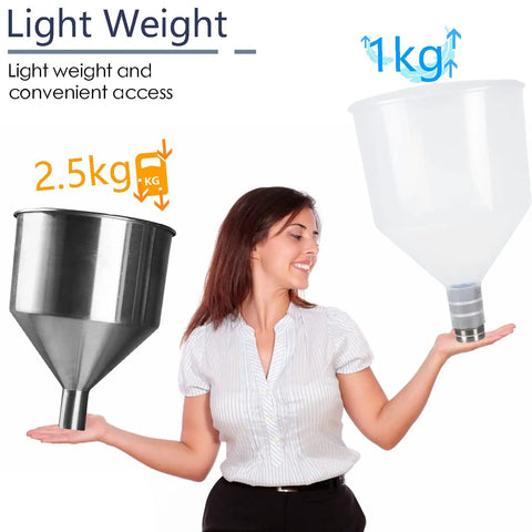 Woman holding transparent and steel hoppers showing weight difference for No Fuss Easy Fill Manual Paste And Liquid Filling Machine 5 To 50 Ml Adjustable Bottle Filler With Transparent Hopper Lightweight For Liquid Paste Cosmetic Cream Gel And Syrup A03 Pro.