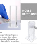 Top Shelf Transparent Acrylic Mouse Restrainer And Solid Lab Animal Holding Tube For 35 To 45 Gram Mice Featuring Crystal Clear Viewing and front adjustment with a mouse inside.