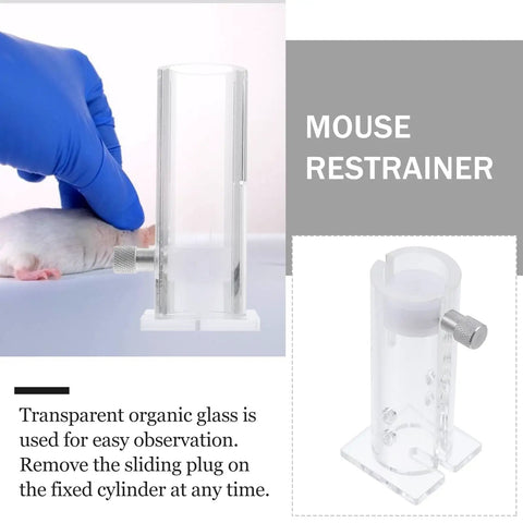 Top Shelf Transparent Acrylic Mouse Restrainer And Solid Lab Animal Holding Tube For 35 To 45 Gram Mice Featuring Crystal Clear Viewing and front adjustment with a mouse inside.