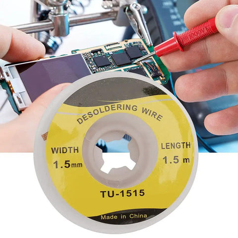 Desoldering Wick 1.5mm By 1.5m For Pro Grade BGA Removal With Tight Weave Solder Absorption On PCBs, Motherboards And Mobile Phone Circuit Boards Low Non Corrosive Wire For Clean Quick Solder Cleanup.