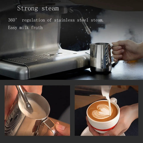 Close-up of Portable Fully Automatic Coffee Maker With Built In Grinder And Steam Milk Frother All In One Espresso Machine for home use.