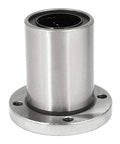 Flange bearing LMF6UU, front view, silver metal shaft bushing with flange and four mounting holes.
