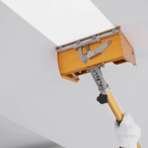 Drywall Finishing Mud Box Pro, 10 Inch Wide Quick Clean Aluminum Finishing Tool With Brass Blade used on ceiling