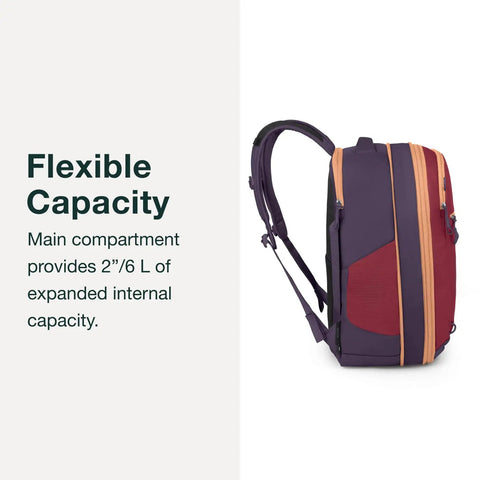 Side view of Daylite Expandable 26 Plus 6 Travel Pack Black Lightweight Durable Daypack with 6L expansion shown expanded