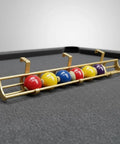 Solid Gold Billiard Ball Rack And Pool Organizer Tray Wall Mount Storage Holder with colorful balls arranged for easy access.