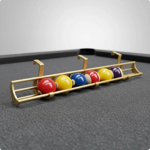 Solid Gold Billiard Ball Rack And Pool Organizer Tray Wall Mount Storage Holder with colorful balls arranged for easy access.