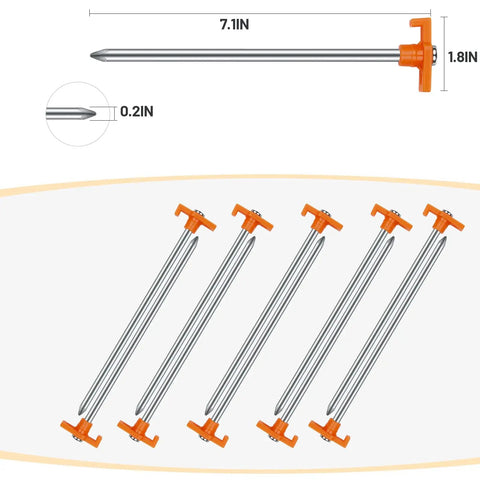 20 Piece Tent Stakes With Camping Hammers Rustproof 7.1 Inch Galvanized Steel Tent Pegs shown with size measurements