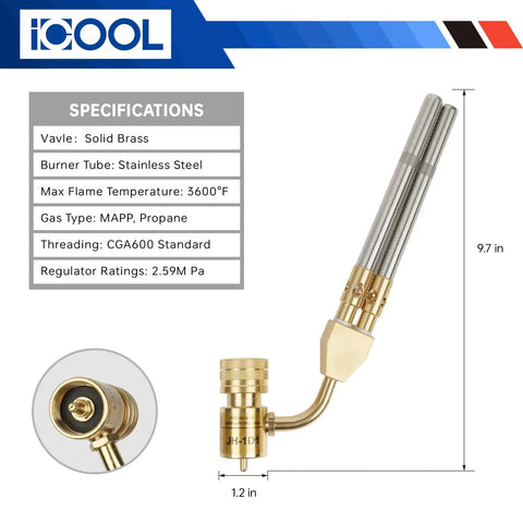 Double Flame Hand Torch With 3600 F Heat, Propane MAPP Gas Torch For Welding, Brazing, Plumbing And HVAC, brass and steel design