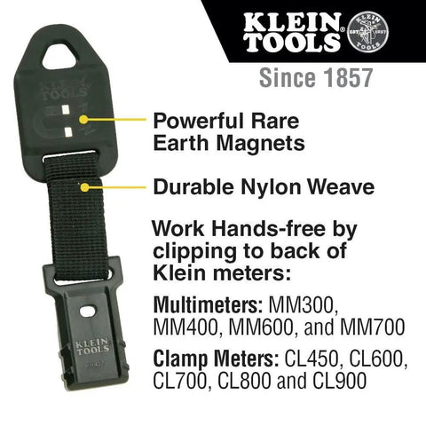 Rare Earth Magnetic Hanger With Strap for hands-free use on Klein meters, durable nylon weave, magnet detail visible.