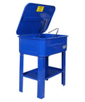 Heavy Duty 20 Gallon Parts Washer With 110V Electric Pump And Flexible Gooseneck Spray Wand shown with lid open, blue metal tub on sturdy stand.