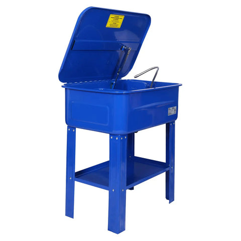 Heavy Duty 20 Gallon Parts Washer With 110V Electric Pump And Flexible Gooseneck Spray Wand shown with lid open, blue metal tub on sturdy stand.