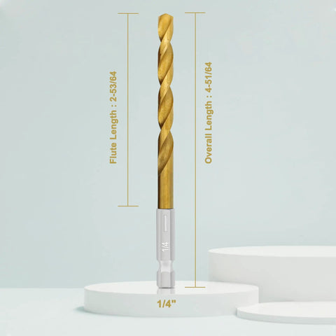 10 Pack One Quarter Inch Titanium Coated Twist Hex Shank Drill Bit Set With 135 Degree Tip HSS Impact Grade shown upright