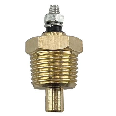 Brass engine coolant temperature sensor, threaded body with hex nut, front view