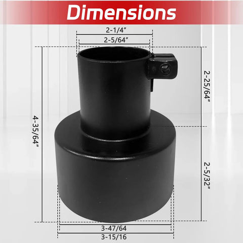Heavy Duty 2-1/4 To 4 Inch Dust Collection Hose Adapter With Locking Clamp And Cone Reducer dimensions showing size and shape.