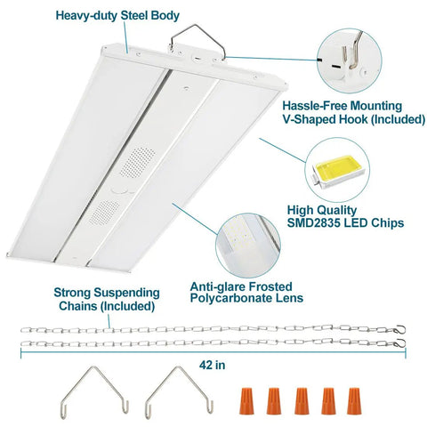 Heavy Duty Led High Bay Shop Light 300 Watt 42000 Lumens 5000k Bright White features steel body, mounting hooks, LED chips, and chains.