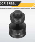 40Cr steel hydraulic hole punch die for CH-60, showing Φ4 die set, black finish, Beefed Up Heavy Duty Hydraulic Hole Punch Die Set 4mm Round Hole For CH-60 Electric Punching Machine, 40Cr Steel Construction, Precise Upper And Lower Dies, Black Finish, Rugged Workhorse Electric Punch Kit For Industrial Use. Image.