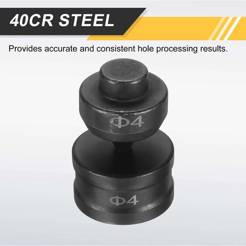 40Cr steel hydraulic hole punch die for CH-60, showing Φ4 die set, black finish, Beefed Up Heavy Duty Hydraulic Hole Punch Die Set 4mm Round Hole For CH-60 Electric Punching Machine, 40Cr Steel Construction, Precise Upper And Lower Dies, Black Finish, Rugged Workhorse Electric Punch Kit For Industrial Use. Image.