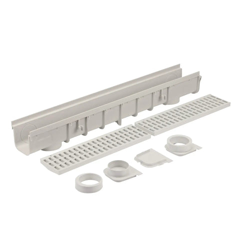 5.5 In Deep Profile Channel Drain Kit With HDPE Grates And End Caps For Driveways, Patios, Pool Decks And Courtyards, Trench And Channel Drainage System, 39.4 In Long, Gray, Includes End Caps disassembled