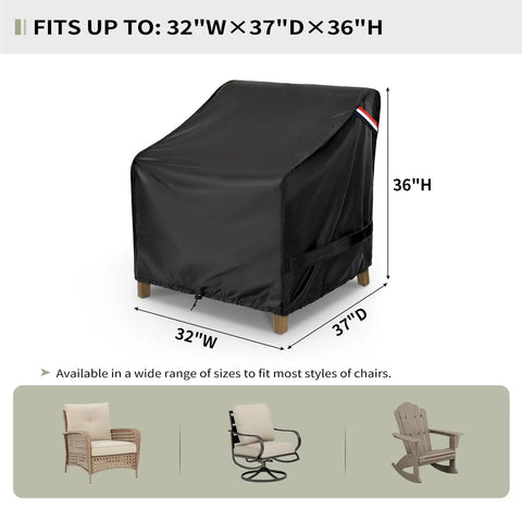 Heavy Duty Waterproof Patio Chair Covers 2 Pack For Deep Seat Outdoor Lounge Chairs Fits Up To 32 W X 37 D X 36 H Inches All Weather Outdoor Furniture Covers Black, showing cover dimensions.
