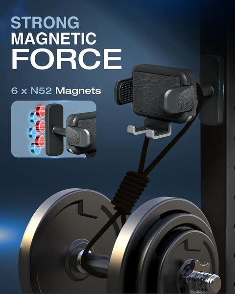 Magnetic Phone Holder With No Fuss Quick Release Clamp For Golf Cart And Gym One Hand Mount Strong Base Slide In With The Press Of A Button Fits 4 To 7.1 Inch Phones And Thick Cases Android And iPhone Compatible showing strong magnetic force diagram.