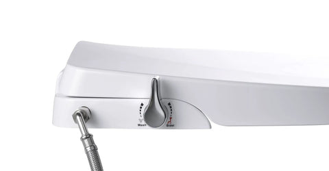Elongated Non Electric Bidet Seat With Dual Nozzles, Ultra Low Profile shown with easy one lever control and brass fittings.