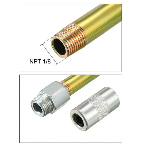 Beefed Up 1/8 NPT Grease Fitting with Metal Extension Tubes and Nozzle Zinc Plated, threaded close-up view.