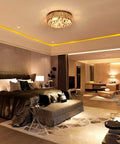 4 Light Traditional Crystal Chandelier In Bronze Drum Ceiling Light Fixture With Round Metal Shade And Raindrop Crystals