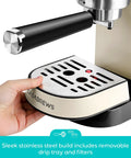 Next Level Compact Espresso Maker With High Pressure Pump And Hassle Free Milk Frother For Pulling Bold Coffee Shots And Topping Off Sweet Lattes Anytime, showing removable drip tray.