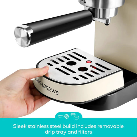Next Level Compact Espresso Maker With High Pressure Pump And Hassle Free Milk Frother For Pulling Bold Coffee Shots And Topping Off Sweet Lattes Anytime, showing removable drip tray.