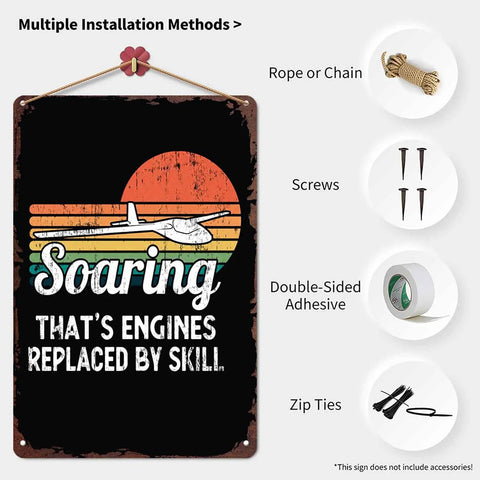Aviation Themed Aluminum Wall Sign Dope 8x12 Inch Durable Metal Decor with installation methods shown; rope, screws, adhesive, zip ties.