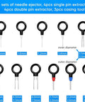 Depinning Wire Connector Tool Kit 82 Pcs Pin Extractor Set showcasing single and double pin extractors with diameters labeled.