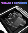 Heavy Duty NACS To CCS1 EV Charging Adapter in a vehicle console, designed for seamless DC charging access.
