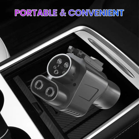 Heavy Duty NACS To CCS1 EV Charging Adapter in a vehicle console, designed for seamless DC charging access.