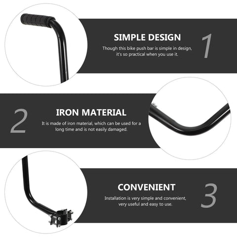 Collage showing Kids Bike Safety Trainer Handle And Balance Push Bar features: black iron material, silicone grip, easy installation