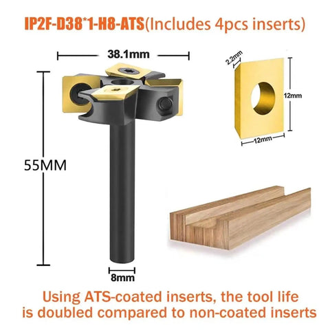 Built Tough Two Flute Wood Planer Router Bit Featuring Premium Carbide Inserts And Ats Coated Edges For Dead Flat Spoilboard Surfacing And Slab Jointing Exactly Thirty Eight Point One Millimeters with inserts and dimensions.
