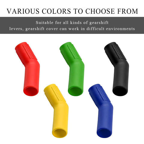Five colorful motorcycle gear shift lever shoe protectors, including black, part of the Two Pack Motorcycle Gear Shift Lever Shoe Protector, Universal Anti Slip Shifter Cover, Heat Resistant Pedal Protector For Street, Dirt Bikes And ATVs, Keeps Your Kicks Clean And Your Shifter From Scuffs And Marks, Black.