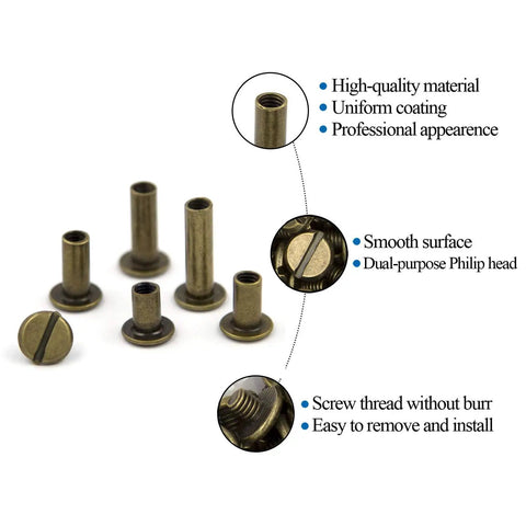 Premium Chicago Screw Assortment Kit Brass Leather Binding Posts 6 to 18mm sizes with dual-purpose Phillips heads for DIY projects.