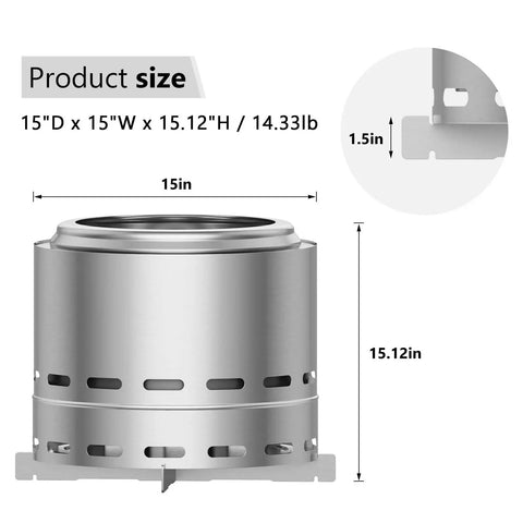 Product dimensions of 15 Inch Smokeless Outdoor Fire Pit For Patio Hangouts, Steel Portable Fire Pit With Removable Ash Pan And Carry Bag
