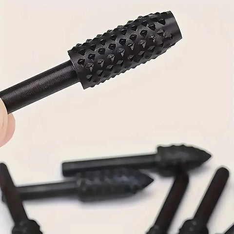 Close-up of Five Piece Rotary Burr Set For Woodworking Metal Carving And Polishing With One Quarter Inch Shank
